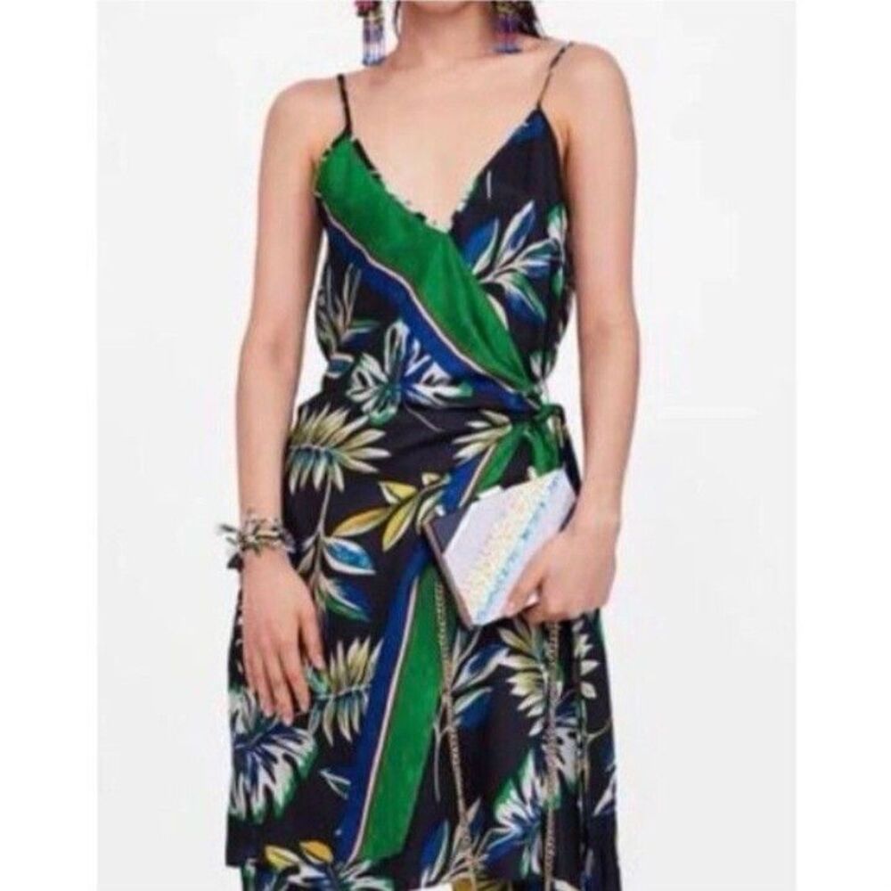 Zara Women's Tropical  Print Silky Resort Wear Wrap Dress XS